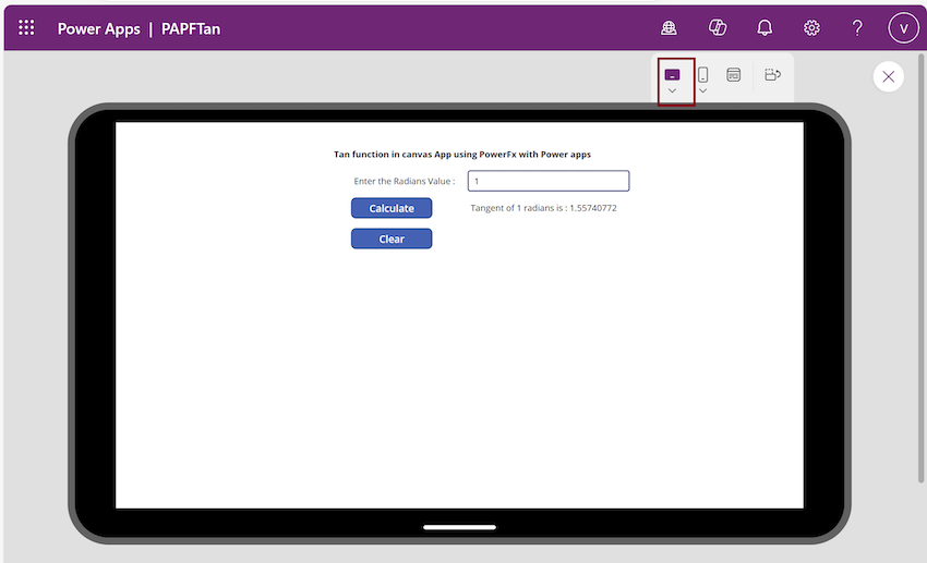 Tan function from Power Fx using Power Apps